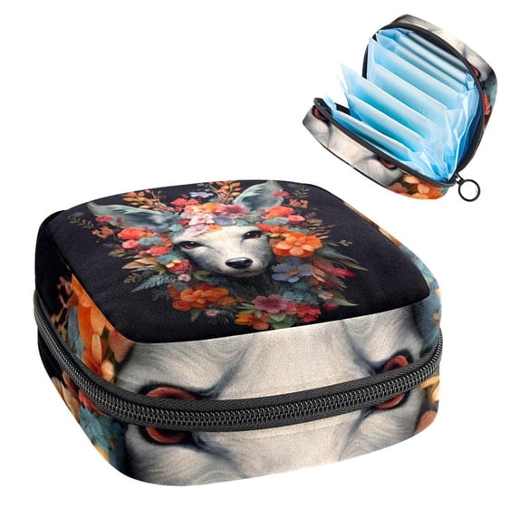 Floral Animal Sanitary Napkin Bags Storage Bag Hiking Pouch Small Canvas Zipper Pouch, 4.7x6.6x6.6 in, Period Purse for Feminine Hygiene Products