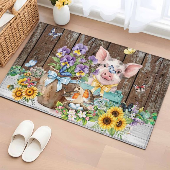 Floral Animals 2'x3' Rug for Entryway Front Door Kitchen Sink Area, Retro Flowers Pig Birds Butterfly Brown Wood Grain Low Pile Washable Non Slip Rectangle Area Rug
