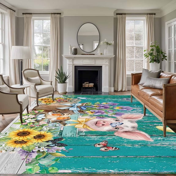 Floral Animals 8'x10' Large Area Rug for Living Room Sectional Sofa, Retro Flowers Pig Birds Butterfly Green Wood Grain Washable Non Slip Low Pile Rectangle Area Rug