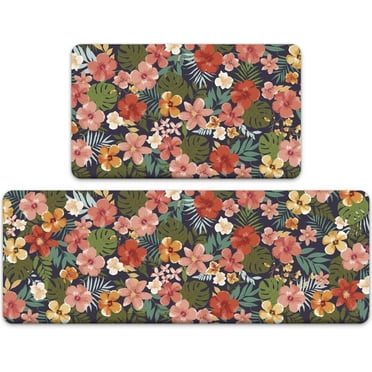 Floral Anti Fatigue Kitchen Mat Set of 2,Farmhouse Kitchen Rugs and Mats,Waterproof Non Slip Memory Foam Cushioned Comfort Kitchen Floor Mat,Padded Kitchen Mats for Standing 17‘‘x30‘‘+17‘‘x47‘‘