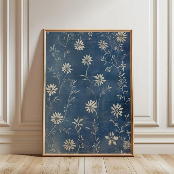 Floral Antique Pattern Wall Art, Abstract Textile Design, Modern Boho Chic Wall Decor, Blue White Flowers, Wall Art, Modern Wall Decor, 8x12 UNFRAMED