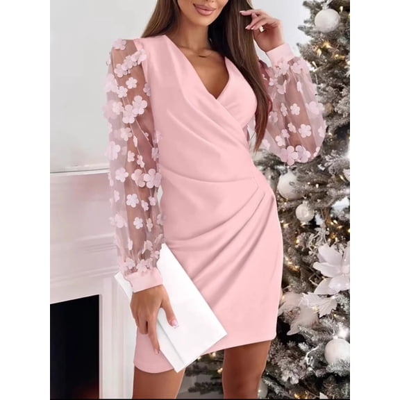 Floral Appliqué Mesh Sleeve Bodycon Dress – Elegant Evening Party Dress for Women