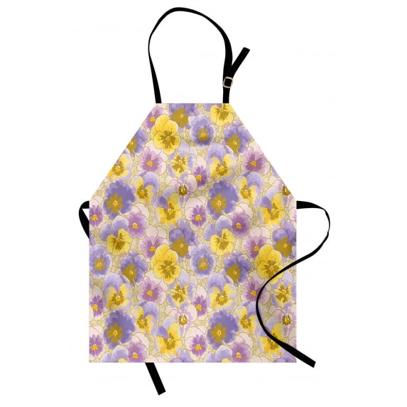 Floral Apron Hand Drawn Pansy Flowers Garden Botanical Artistic Watercolor Pattern, Unisex Kitchen Bib Apron with Adjustable Neck for Cooking Baking Gardening, Lavander Lilac Yellow, by Ambesonne