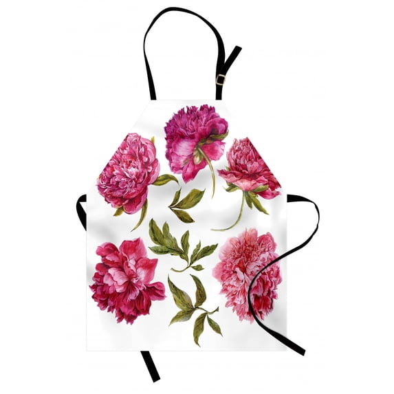 Floral Apron Spring Buds in Vivid Tones Watercolor Peony Bouquet Artwork, Unisex Kitchen Bib Apron with Adjustable Neck for Cooking Baking Gardening, Fuchsia Magenta Pink Olive Green, by Ambesonne