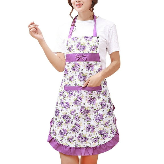 Floral Aprons for Women with Pockets Kitchen Cooking Gardening Baking Apron, Ideal Gift for Mom Wife Grandma (Purple)