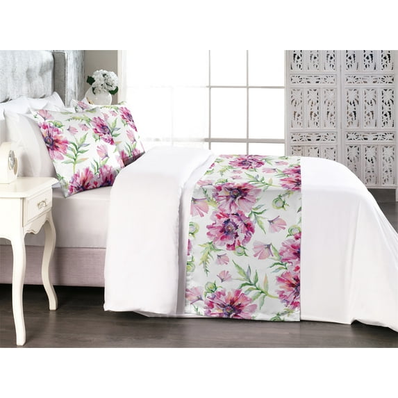 Floral Aquarelle Bed Runner Set, Vintage Vibe Peony Pattern with Leaves Greenery Dreamy Colors, Decorative Bedding Scarf & 2 Pillow Shams for Hotels Homes, Queen, Pale Rose Peacock Green, by Ambesonne