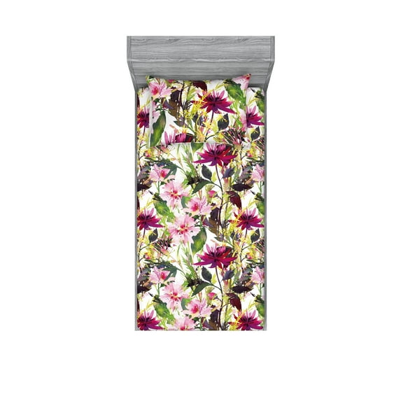 Floral Aquarelle Fitted Sheet & Pillow Sham Set, Spring Feels Watercolor Boho Flowers and Leaves Greenery Art, Decorative Printed 2 Piece Bedding Decor, Twin, Fern Green Magenta White, by Ambesonne