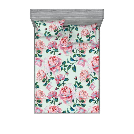 Floral Aquarelle Fitted Sheet & Pillow Sham Set, Spring Garden Scene Rose Flowers Pattern and Leaves Greenery, Decorative Printed 3 Piece Bedding Decor, Calking, Forest Green Pastel Pink, by Ambesonne