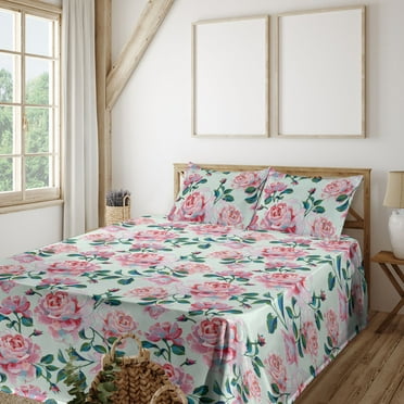 Floral Aquarelle Sheet Set, Spring Garden Scene Rose Flowers Pattern and Leaves Greenery, Fitted & Flat Sheet with Pillowcase Bedding Accent 4 Pcs Set, King, Forest Green Pastel Pink, by Ambesonne