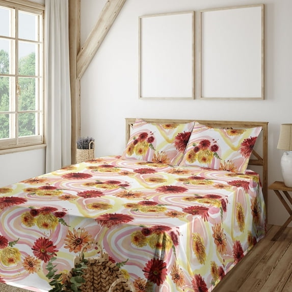 Ambesonne Floral Aquarelle Fitted & Flat Sheet with Shams 4 Pcs Set, Gerbera Groovy Art, King, Blush Raspberry Mustard