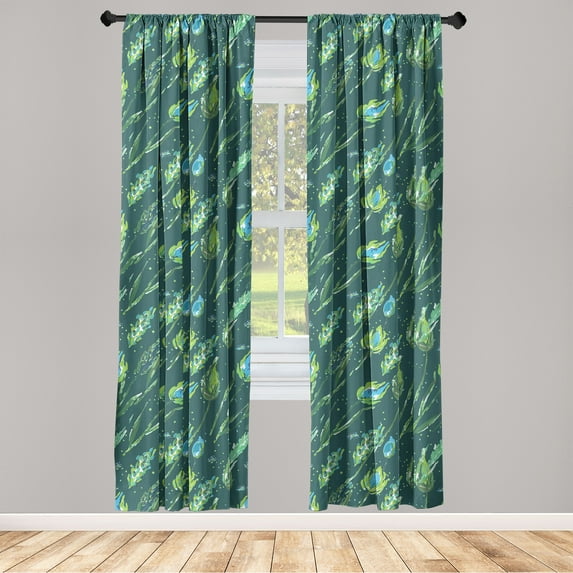 Floral Aquarelle Window Curtains, Bohemian Vibes Jungle Flowers Watercolor Style Art Pattern, Lightweight Decor 2-Panel Set with Rod Pocket, Pair of - 28"x84", Fern Green and Dark Teal, by Ambesonne