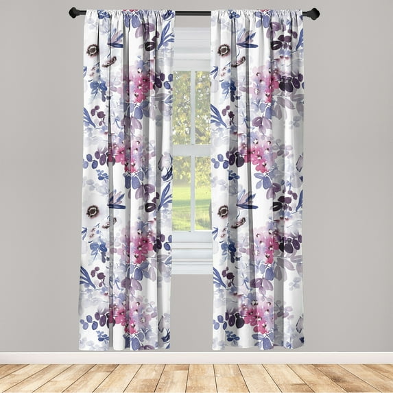Floral Aquarelle Window Curtains, Winter Palette Garden Flowers Leaves Watercolor Style Print, Lightweight Decor 2-Panel Set with Rod Pocket, Pair of - 28"x84", Dark Lavender Pale Ruby, by Ambesonne