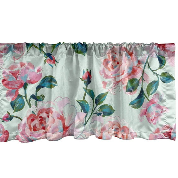 Floral Aquarelle Window Valance, Spring Garden Scene Rose Flowers Pattern and Leaves Greenery, Curtain Valance for Kitchen Bedroom with Rod Pocket, 54" X 18", Forest Green Pastel Pink, by Ambesonne
