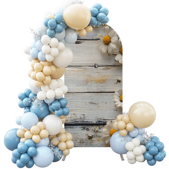 Floral Arch Backdrop Cover 5 ft White Wildflowers Bow Wood Grain 2 Sided Wedding Arch Covers Stretchy Backdrop Round Top for Birthday, Party, Baby Shower Decorations