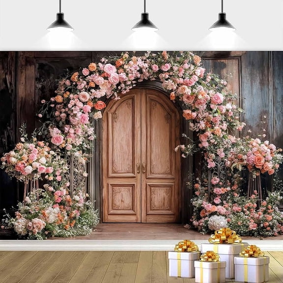 Floral Arch Wedding Backdrop Rustic Wooden Barn Door Bridal Shower Photography Background Blooming Flower Vintage Farmhouse Wedding Party Decorations Banner Supplies Photo Booth Props