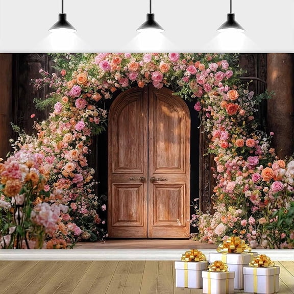 Floral Arch Wedding Backdrop Rustic Wooden Barn Door Bridal Shower Photography Background Blooming Flower Vintage Farmhouse Wedding Party Decorations Banner Supplies Photo Booth Props