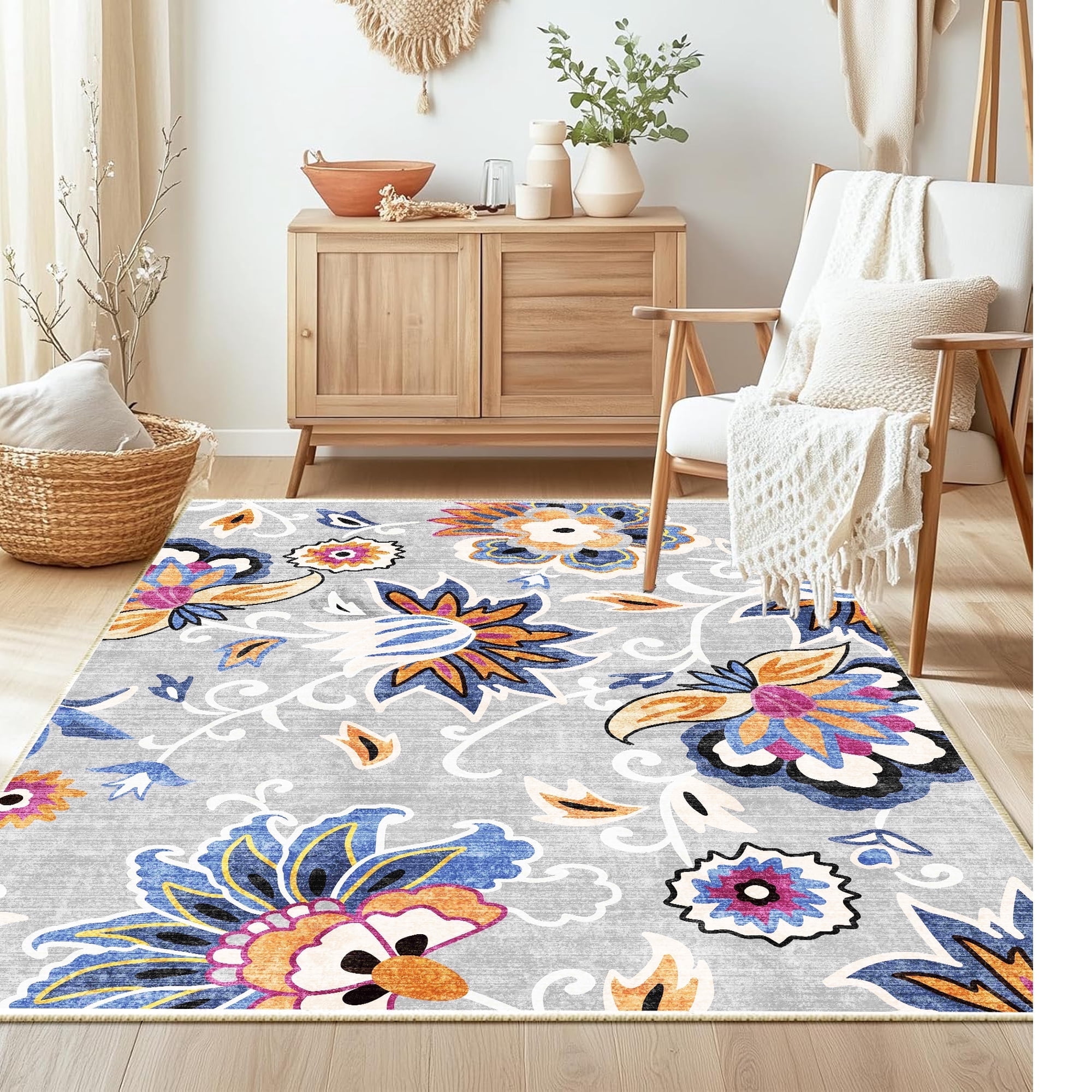 Dowellia Rugs for Bedroom,Floral Area Rug 4x6 Living Room Rug Non Slip Washable Bedroom Rug Soft Low Pile Flowers Floor Carpet for Living Dining Room,Blue