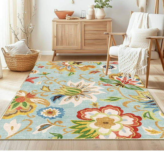 Floral Area Rug 4x6 Living Room Rug Non Slip Washable Bedroom Rug Soft Low Pile Flowers Floor Carpet for Living Dining Room,Red
