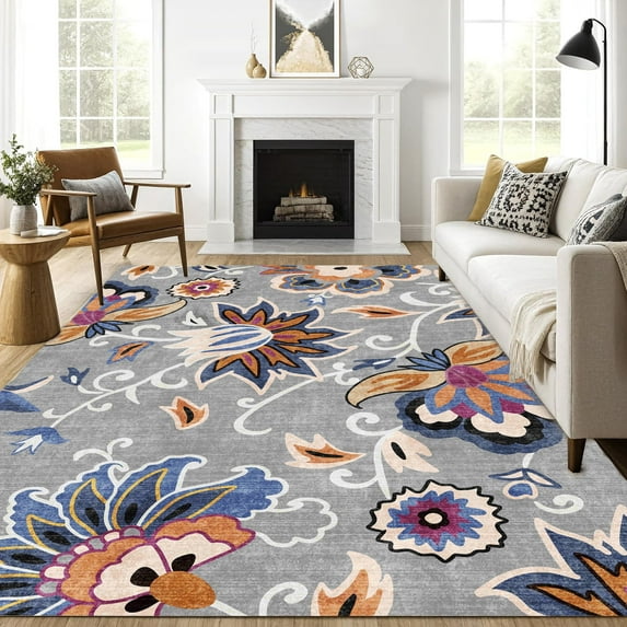 Floral Area Rug 8x10 Living Room Rug Non Slip Washable Bedroom Rug Soft Low Pile Flowers Floor Carpet for Dining Room,Blue