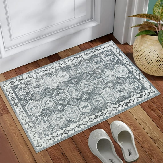 Floral Area Rug Entryway Rug Washable Kitchen Mat Soft Vintage Bathroom Rug Throw Rug for Entryway Entry Door Way Entry Way Vintage Gem Printed Rug with Non-Slip Rubber Backing