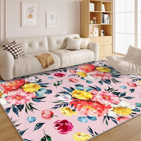 Floral Area Rug , Vintage Flowers Rug, Watercolor Garden Style Carpet & Home Decor, Washable Non Slip Large Rugs For Living Room Bedroom Dining Room 4x5ft
