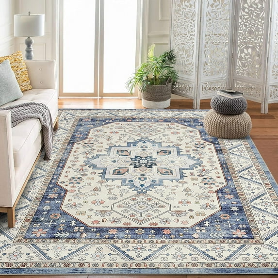 Floral Area Rug, Washable Non-Slip Low-Pile Rug for Living Room and Kitchen