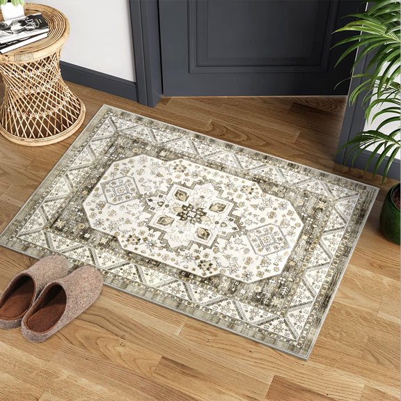 Floral Area Rug, Washable Non-Slip Low-Pile Rug for Living Room and Kitchen