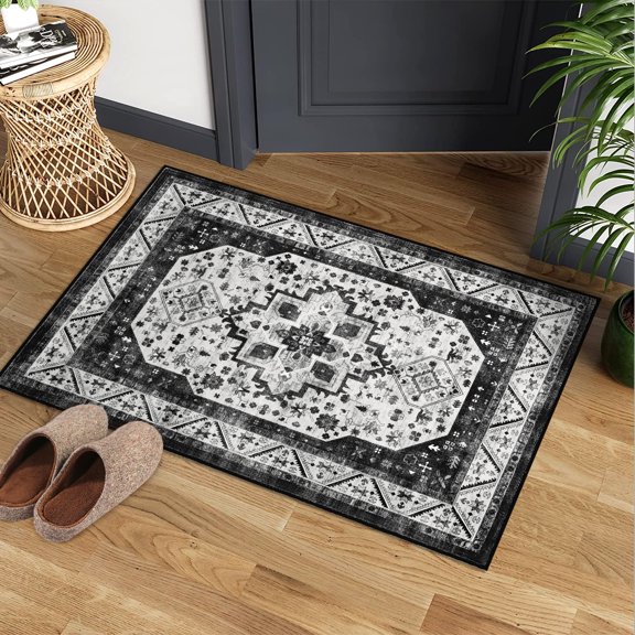 Floral Area Rug, Washable Non-Slip Low-Pile Rug for Living Room and Kitchen