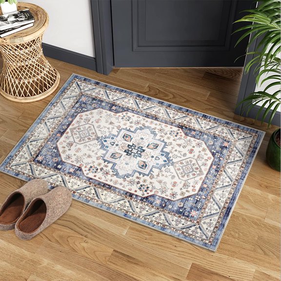 Floral Area Rug, Washable Non-Slip Low-Pile Rug for Living Room and Kitchen