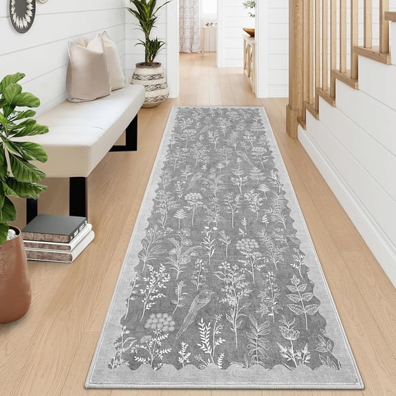 Memoryfield Floral Area Rugs 2' x 6' Washable, Modern Accent Carpet Indoor Mat, Stain-Resistant Floral Throw Runner, Easy to Clean, Ideal for Bedroom, Living Room, Gray