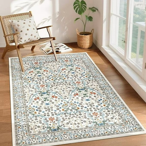 Floral Area Rugs 5x7, Dark Blue Washable Rug for Living Room, Bedroom, Low Pile Non Slip Stain Resistance Indoor Boho Carpet Mat for Farmhouse, Dining Room, Office