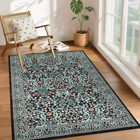 Floral Area Rugs 5x7, Dark Blue Washable Rug for Living Room, Bedroom, Low Pile Non Slip Stain Resistance Indoor Boho Carpet Mat for Farmhouse, Dining Room, Office