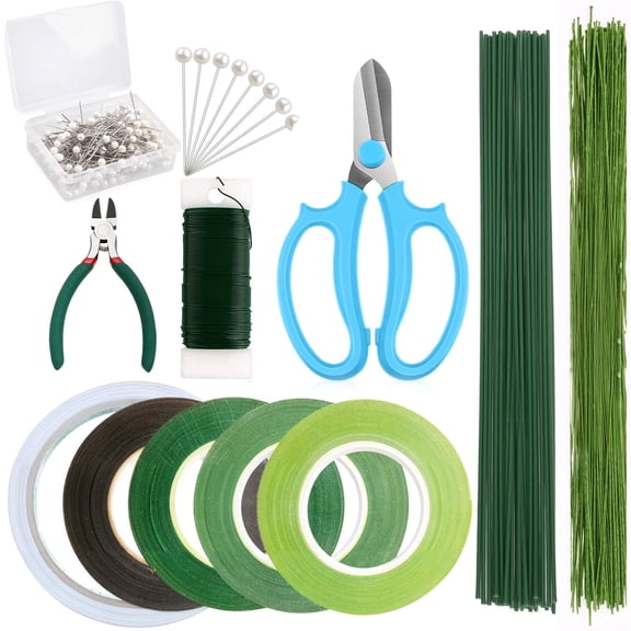 Floral Arrangement Kit with Green Tape and Wire, Flower Tools Include Floral Wire Cutter and Scissor, Floral Tape 22 Gauge Paddle Wire 26 Gauge Stem Wire Pearl Corsage Pin Bouquet Wrap Florist