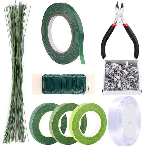 Floral Arrangement Kit, Floral Tape and Floral Wire with Cutter,Green Floral Tape 22 Guage Floral Stem Wire 26 Gauge Green Floral Wire for Bouquet Stem Wrap Florist, Wreath Making Supplies