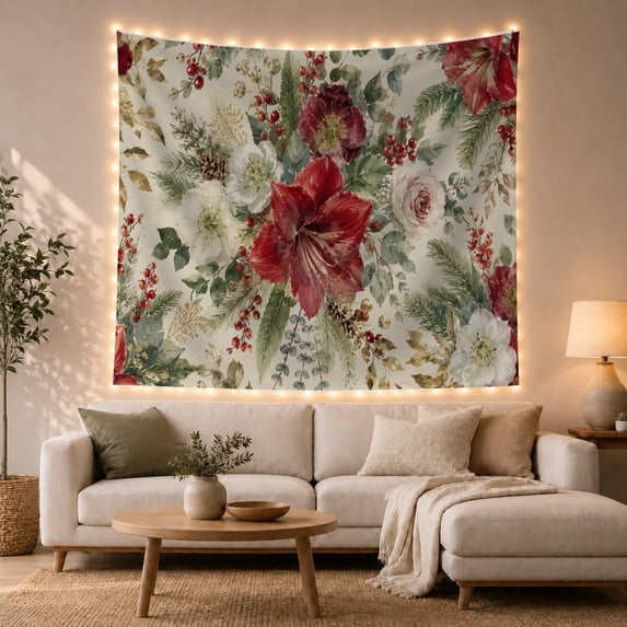 Floral Arrangement with Red Hibiscus and White Roses on Cream Serene Watercolor for Plant Lovers, Botanical Wall Art Decor, Housewarming Gift Tapestry Wall Hanging for Bedroom and Living Room