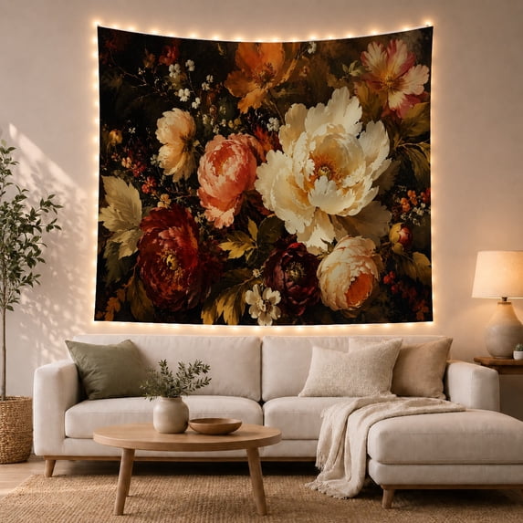 Floral Arrangement Reminiscent With Classical Still Life, Mystical Fantasy for Space Lovers, Wall Decor, Valentine's Day Gift, Tapestry Wall Hanging for Dorm and Living Room