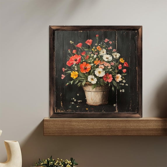 Floral Arrangement Rustic Bucket Wooden Sign Wall Plaque - Vintage Art Decoration, Wall Decoration - Ideal Gift For Home Decoration, Living Room, Bathroom, Bedroom, Garden, Dining, Bar, Cafe, Festi