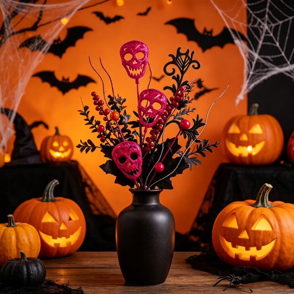 Floral Arrangement Stems, Halloween Glitter Skull Pumpkin Head Ornaments for Home Decor