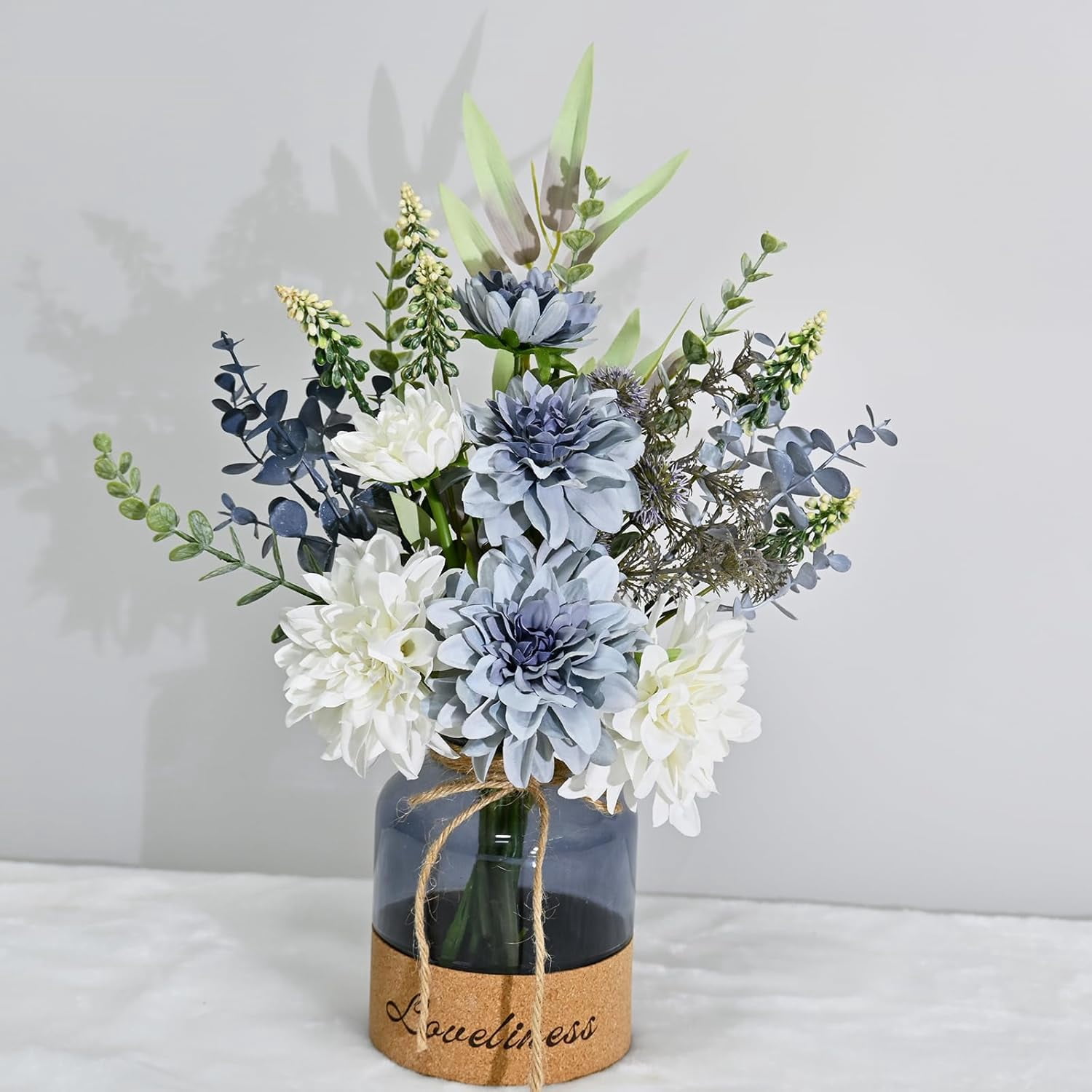 Floral Arrangement with White and Blue Flowers in Glass Vase, Faux Flowers Plants Decor Suitable for Home Office Table Decorations, Dining Table Bathroom Kitchen Decor