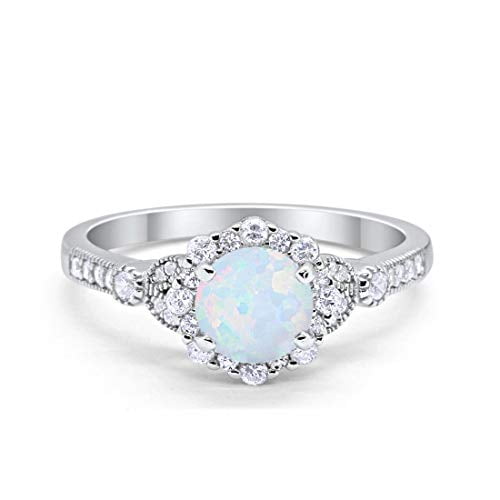 Floral Art Deco Engagement Ring Lab White Opal 925 Sterling Silver Size 9