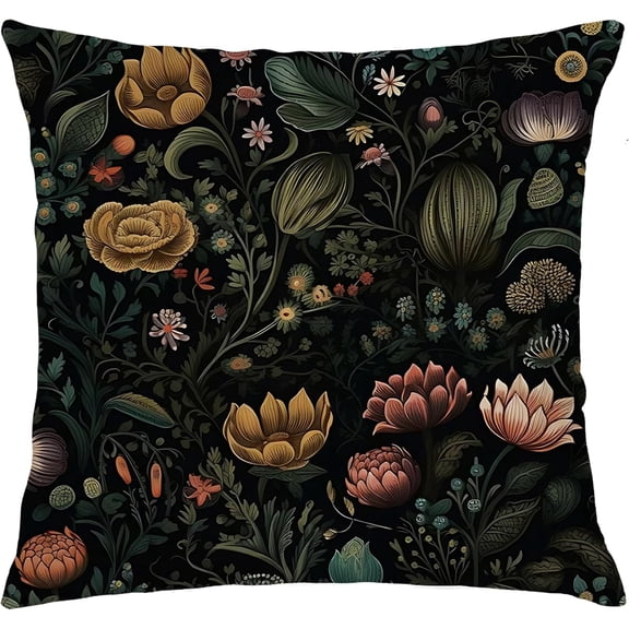 Floral Art Nouveau Pillow Covers 18x18 Double-Sided, Dark Cottagecore Decor, Mystical Retro Wildflower Botanical Decorative Throw Pillow Covers for Home Bedroom Living Room