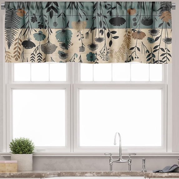 Floral Art Window Valance, Leaves and Flowers Dandelion on Rustic Farmhouse Back Pastel Tone, Curtain Valance for Kitchen Bedroom Decor with Rod Pocket, 54" X 18", Dark Cadet Blue Beige Tan
