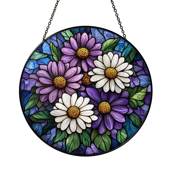Floral Aster Stained Glass Suncatcher for Windows, Elegant Botanical Home Accent Gift