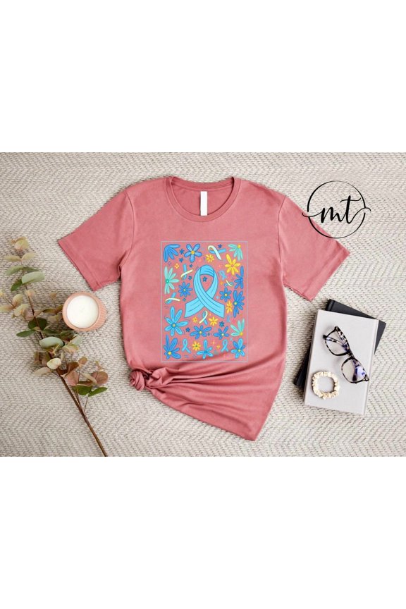 Floral Awareness Ribbon Shirt , Blue and Yellow Support Tee, Inspirational Cause Awareness Flower Design TSHIRT All Size S-5XL