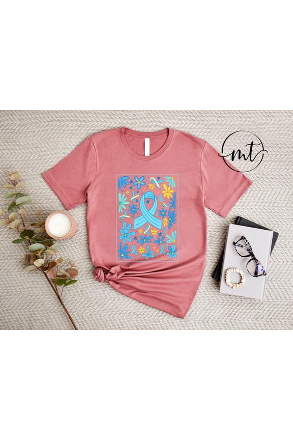 Floral Awareness Ribbon Shirt , Blue and Yellow Support Tee, Inspirational Cause Awareness Flower Design TSHIRT All Size S-5XL