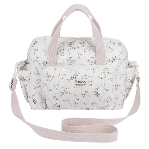 Floral Baby Diaper Bag Tote Mommy Bag, Women Quilted Cotton Medium Travel Duffle Bag, Cute Cotton Diaper Bags Crossbody Baby Bags for Girl Mom