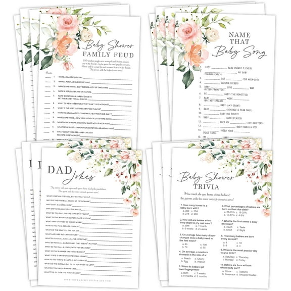 Floral Baby in Bloom Baby Shower Games, Fun Activities for 25 Guests (Trivia, Baby Feud, Dad Jokes and Guess That Baby Song)