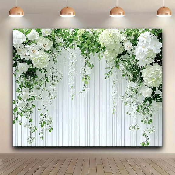 Floral Backdrop Banner Polyester Green And White Flower Wall, Multi Occasion Party Decor Ideas for Wedding, Birthday, Anniversary, Christmas, Valentine's, Mother's Day, Graduation