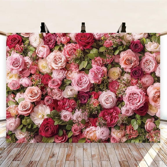 Floral Backdrop Pink Flower Blossom Green Leaves Tea Party Photography Background Girls Birthday Valentines Day Mother's Day Wedding Party Decorations Banner Supplies Photo Booth Props
