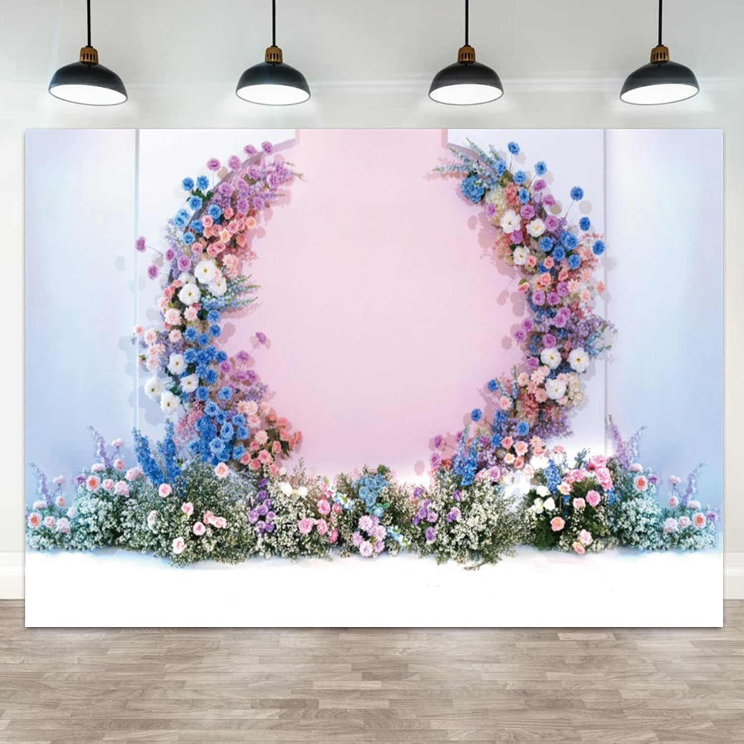 Floral Backdrop Pink Wall with Round Wreath Blue White Purple Flowers ...